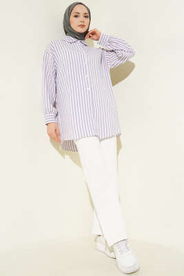 Çizgili Keten Görünümlü Gömlek Lila - Gömlek