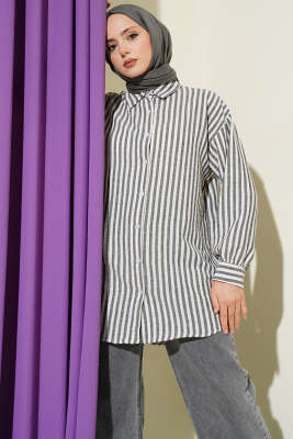 Çizgili Keten Görünümlü Gömlek Siyah - TEGOE