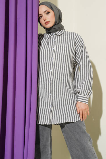 Çizgili Keten Görünümlü Gömlek Siyah - Gömlek