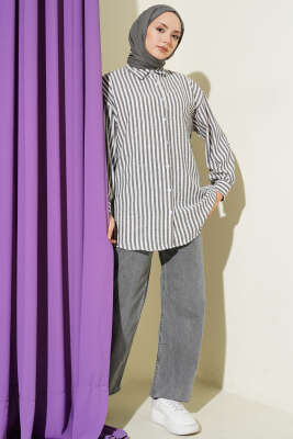 Çizgili Keten Görünümlü Gömlek Siyah - Gömlek