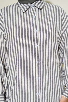 Çizgili Keten Görünümlü Gömlek Siyah - Gömlek