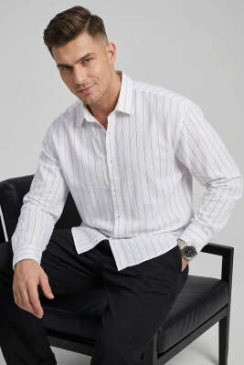 Çizgili Keten Oversize Erkek Gömlek Beyaz - GİESTO