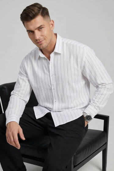 Çizgili Keten Oversize Erkek Gömlek Beyaz - Erkek Gömlek