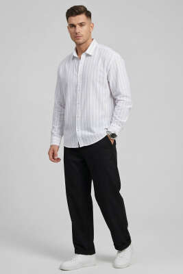 Çizgili Keten Oversize Erkek Gömlek Beyaz - Erkek Gömlek