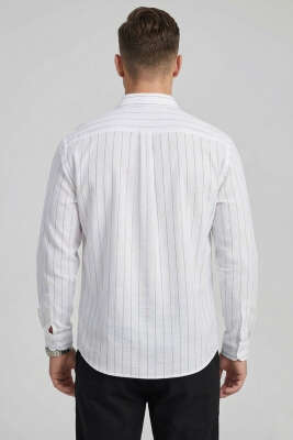 Çizgili Keten Oversize Erkek Gömlek Beyaz - Erkek Gömlek