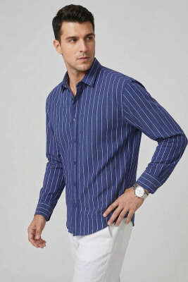 Çizgili Keten Oversize Erkek Gömlek Lacivert - GİESTO