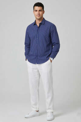 Çizgili Keten Oversize Erkek Gömlek Lacivert - Erkek Gömlek