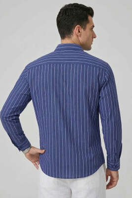 Çizgili Keten Oversize Erkek Gömlek Lacivert - Erkek Gömlek