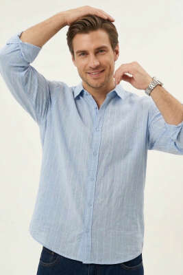 Çizgili Keten Oversize Erkek Gömlek Mavi - GİESTO