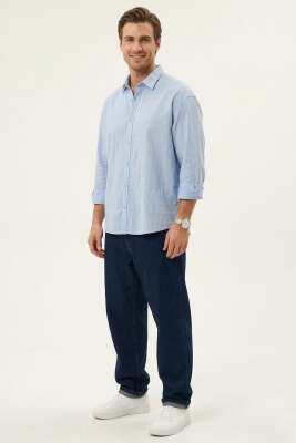 Çizgili Keten Oversize Erkek Gömlek Mavi - Erkek Gömlek