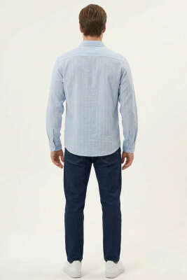 Çizgili Keten Oversize Erkek Gömlek Mavi - Erkek Gömlek