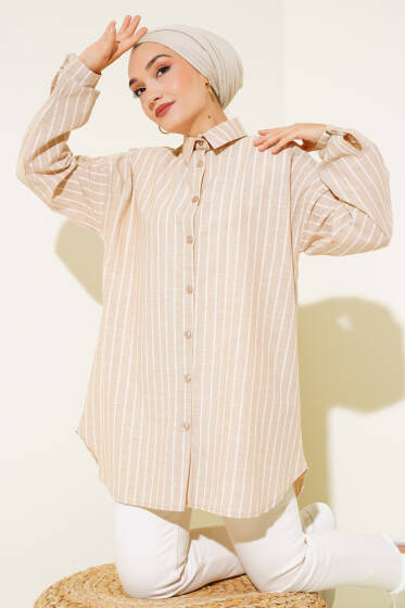 Çizgili Keten Salaş Gömlek Bisküvi - Gömlek