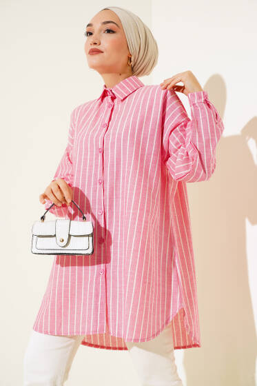 Çizgili Keten Salaş Gömlek Fuşya - Gömlek