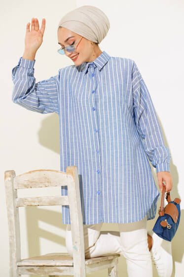 Çizgili Keten Salaş Gömlek Mavi - Gömlek