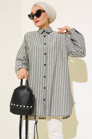 Çizgili Keten Salaş Gömlek Siyah - Gömlek