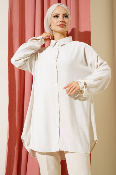 Çizgili Keten Salaş Gömlek Taş - Gömlek