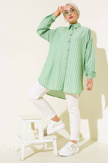 Çizgili Keten Salaş Gömlek Yeşil - Gömlek