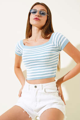 Çizgili Kısa Kol Body Buz Mavisi - Kadın Giyim Modelleri