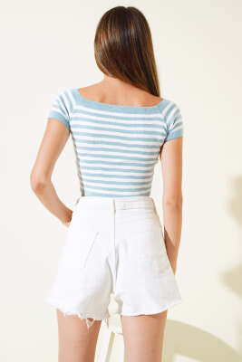 Çizgili Kısa Kol Body Buz Mavisi - Kadın Giyim Modelleri