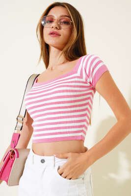 Çizgili Kısa Kol Body Pembe - LUSTRİN