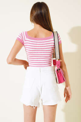 Çizgili Kısa Kol Body Pembe - Kadın Giyim Modelleri
