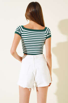 Çizgili Kısa Kol Body Zümrüt - Kadın Giyim Modelleri