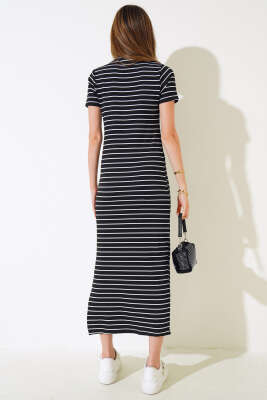 Çizgili Kısa Kol Elbise Siyah - Kadın Giyim Modelleri