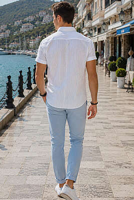 Çizgili Kısa Kol Slim Fit Erkek Gömlek Beyaz - Erkek Gömlek