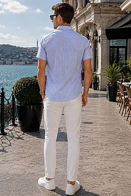Çizgili Kısa Kol Slim Fit Erkek Gömlek Mavi - Erkek Gömlek