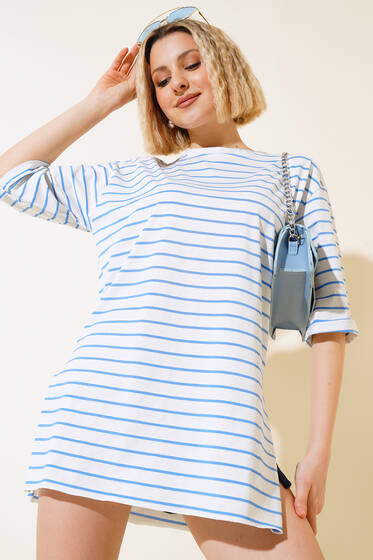 Çizgili Kısa Kol T-shirt İndigo - Kadın Giyim Modelleri