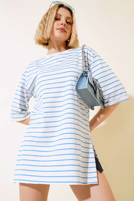 Çizgili Kısa Kol T-shirt İndigo - Kadın Giyim Modelleri