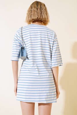 Çizgili Kısa Kol T-shirt İndigo - Kadın Giyim Modelleri