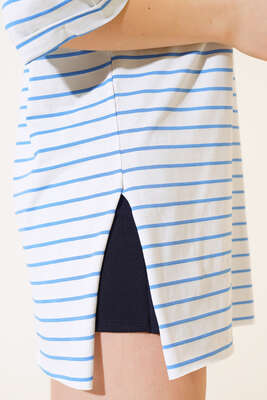 Çizgili Kısa Kol T-shirt İndigo - Kadın Giyim Modelleri