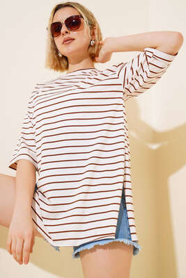 Çizgili Kısa Kol T-shirt Kahve - Kadın Giyim Modelleri