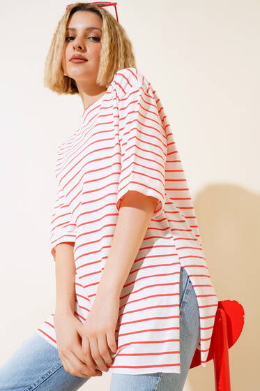 Çizgili Kısa Kol T-shirt Oranj - Kadın Giyim Modelleri