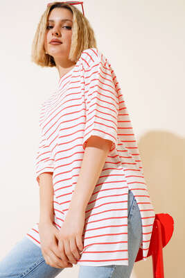 Çizgili Kısa Kol T-shirt Oranj