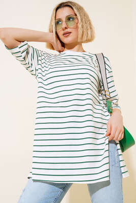 Çizgili Kısa Kol T-shirt Zümrüt Yeşili 