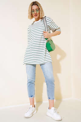 Çizgili Kısa Kol T-shirt Zümrüt Yeşili - Kadın Giyim Modelleri