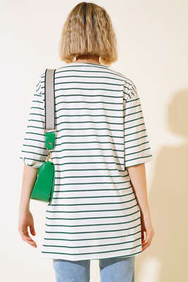 Çizgili Kısa Kol T-shirt Zümrüt Yeşili - Kadın Giyim Modelleri