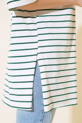 Çizgili Kısa Kol T-shirt Zümrüt Yeşili - Kadın Giyim Modelleri