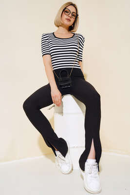 Çizgili Kısa Kol Triko Body Siyah - Kadın Giyim Modelleri