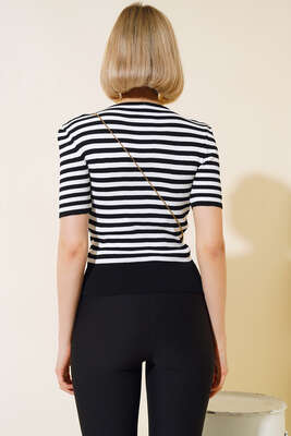 Çizgili Kısa Kol Triko Body Siyah - Kadın Giyim Modelleri