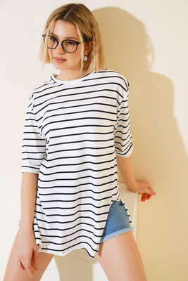 Çizgili Kısa Kol T-shirt Siyah - Kadın Giyim Modelleri