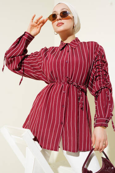 Çizgili Kol Büzgülü Gömlek Bordo - Gömlek