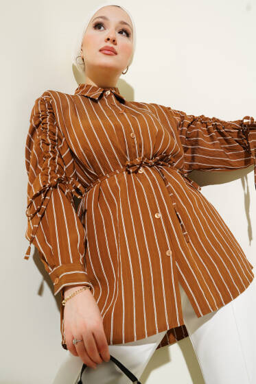 Çizgili Kol Büzgülü Gömlek Kahve - Gömlek