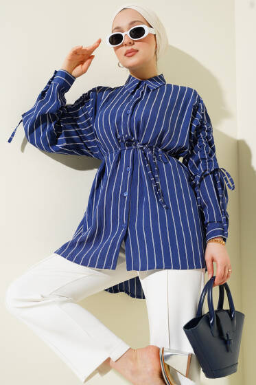 Çizgili Kol Büzgülü Gömlek Lacivert - Gömlek