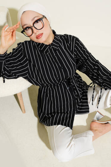 Çizgili Kol Büzgülü Gömlek Siyah - Gömlek
