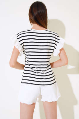 Çizgili Kol Fırfırlı T-shirt Ekru - Kadın Giyim Modelleri