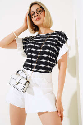 Çizgili Kol Fırfırlı T-shirt Siyah - Kadın Giyim Modelleri