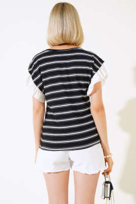 Çizgili Kol Fırfırlı T-shirt Siyah - Kadın Giyim Modelleri